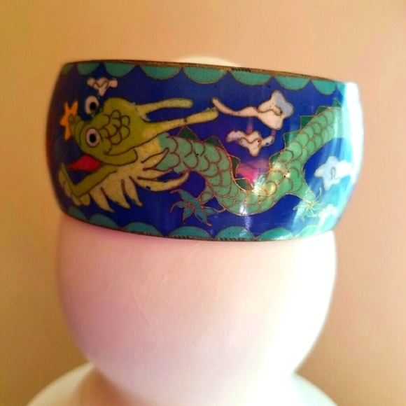 Authentic Original Vintage Style Jewelry - Les Bernard Cloisonné "Rare Species" Wide Bangle Bracelet Spectacular Vintage